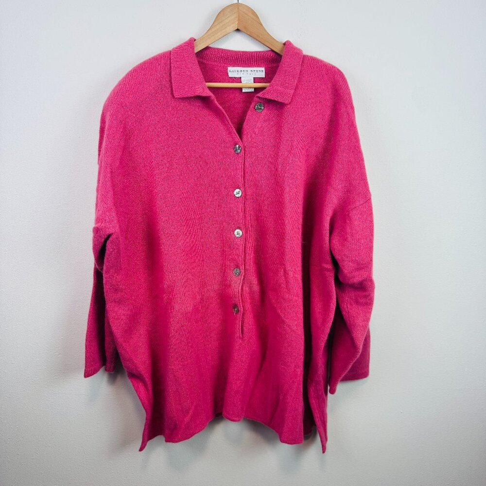 VTG 90s Kathryn Deene Lambswool Angora Cardigan Sweater 22/24 pink button front